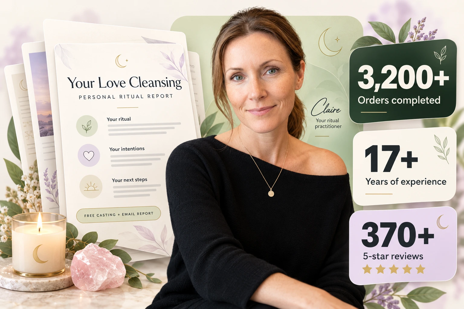 Claire beside a love cleansing report, with 3,200+ orders completed, 17+ years of experience, and 370+ five-star reviews.
